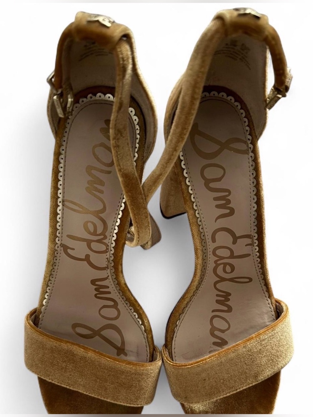 Sam Edelman Gold Velvet Block Heel Sandals with Ankle Strap